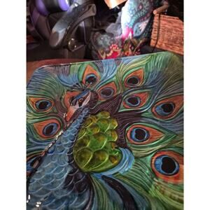 Vintage Square Glass Serving Platter With Handpainted Peacock Design I